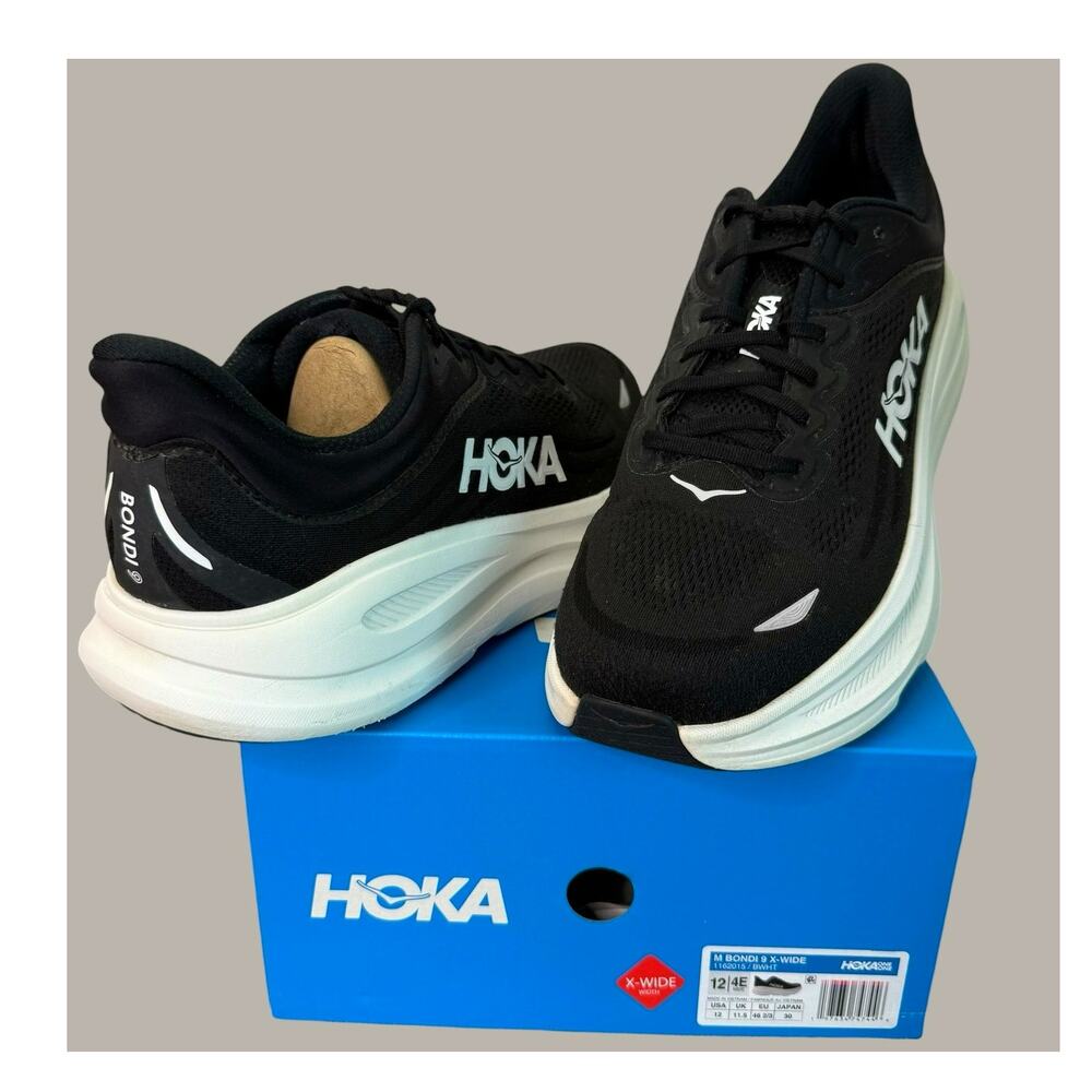 HOKA One One Bondi 9 Running Sneakers Shoes Mens 12 4E X Wide Black 1162015 BWHT